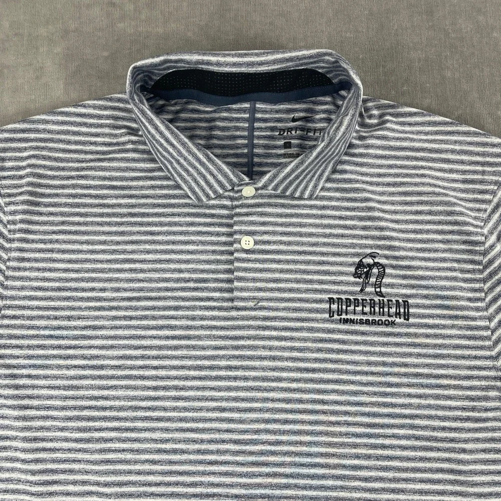 Nike Mens L Blue Striped Polo Shirt Copperhead Innisbrook Dri-FIT Golf